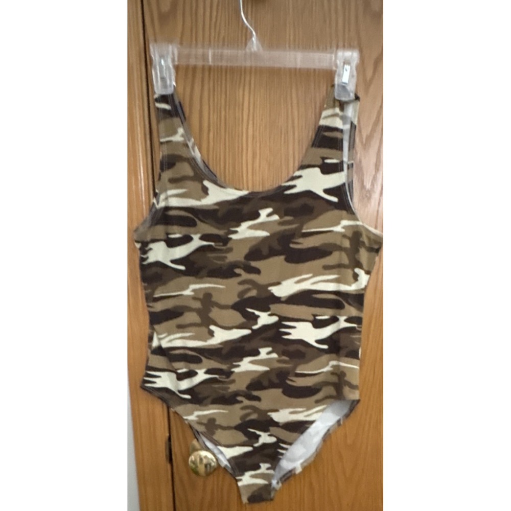 OBJEX Women's Camouflage One Piece Bodysuit Brown Beige White Size M Regular
